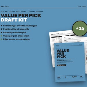 May include: A 2026 NFL fantasy draft guide titled Value Per Pick Draft Kit on a blue background. The kit includes printed pages with positional tiers, round-by-round targets, and player rankings. A green circular badge displays the number +34.