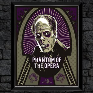 May include: A vintage-style poster with a purple background featuring a black and white illustration of the Phantom of the Opera. The poster has the text "Phantom of the Opera" in a white font.