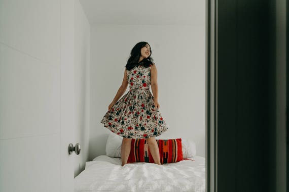1950s Red & Indigo Floral Summer Day Dress