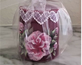 Pillar Candle Hearts Pink Roses & Buds Hand Painted 3" Berry Scented