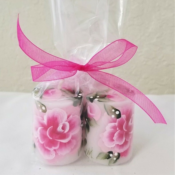 Pillar Candle Pink Roses Hand Painted 2" Set Of 2