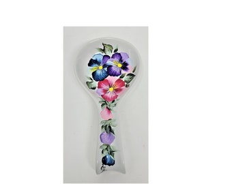 Stoneware Spoon Rest Multicolored Pansy Pansies Flowers Hand Painted