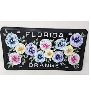 Hand-Painted Florida License Tag Plate Pink Purple Blue Yellow Roses