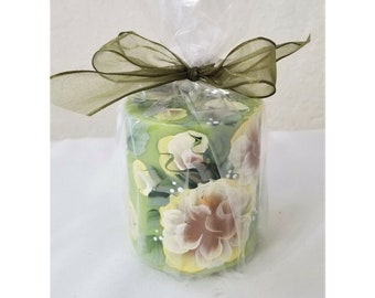 Pillar Candle Yellow Roses Hand Painted 3" Coconut / Lime Scented