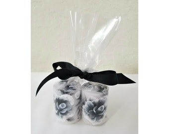 Pillar Candle Black and White Roses Hand Painted 2" Set Of 2