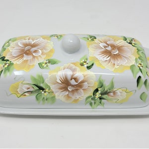 White Porcelain Butter Dish Yellow Roses Hand Painted