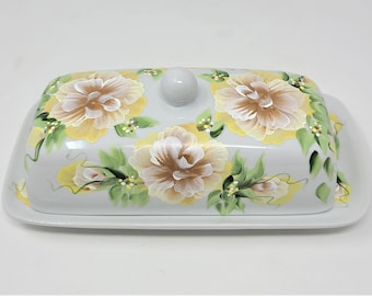 White Porcelain Butter Dish Yellow Roses Hand Painted
