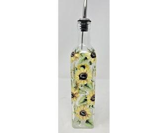 Oil Vinegar Glass Cruet Soap Bottle Yellow Sunflowers Hand Painted