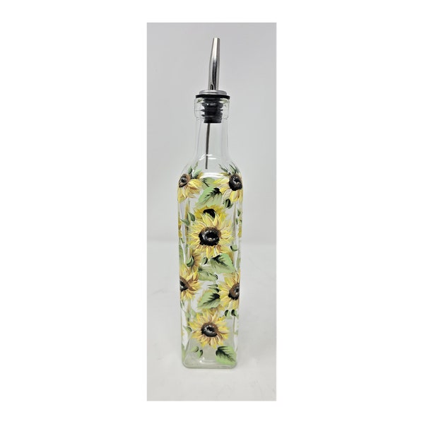 Oil Vinegar Glass Cruet Soap Bottle Yellow Sunflowers Hand Painted