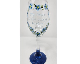 Wine Glass Blue Flowers in a Heart Shape With Love Valentine Quote