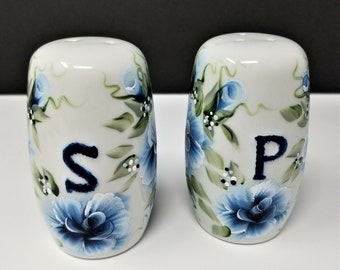 Salt and Pepper Shaker Set Blue Roses and Buds Hand Painted