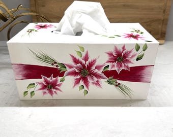 Christmas Holiday Poinsettia Flowers Paper Mache Hand Painted Tissue Cover Box