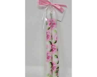 Taper Candle Sticks Pink Roses Hand Painted 10" Set Of 2 Smokeless Dripless 7 Hour + Burn 100 % Cotton Wick