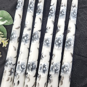 Hand Painted Rose Taper Candles - Black & White Floral Design, Set of 2