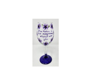 Wine Glass Purple Flowers in a Heart Shape With Love Valentine Quote