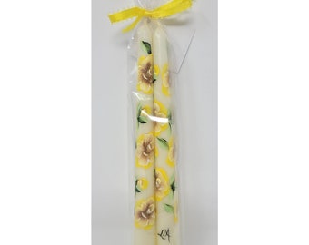 Taper Candle Sticks Yellow Roses Hand Painted 10" Set Of 2