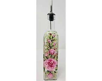 Olive Oil Vinegar Glass Cruet Soap Bottle Pink Roses Hand Painted