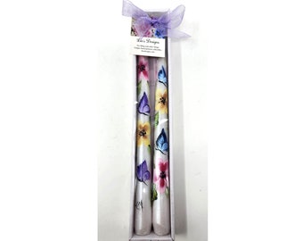 White Taper Candle Sticks Flowers & Butterflies Hand Painted 10" Set Of 2