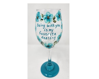 Wine Glass Aqua Flowers in a Heart Shape With Love Valentine Quote