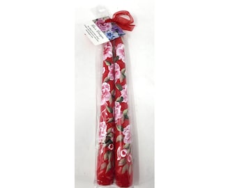 Taper Candle White / Red Roses Smokeless Dripless 7 Hour + Burn 100 % Cotton Wick  Hand Painted 10" Set Of 2