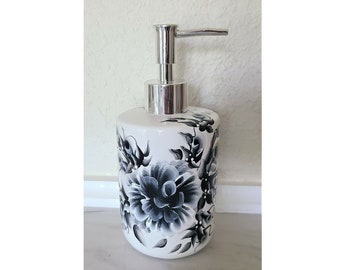Soap or Hand Cream Dispenser Black and White Roses and Buds Hand Painted