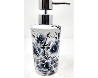 Soap or Hand Cream Dispenser Black & White Roses and Buds Hand Painted