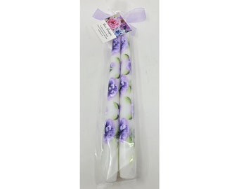 Taper Candle Purple & White Roses Hand Painted 10" Set Of 2 Smokeless Dripless 7 Hour + Burn 100 % Cotton Wick