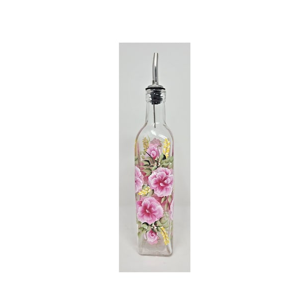 Olive Oil Vinegar Glass Cruet Soap Bottle Pink Roses & Yellow Flowers Hand Painted