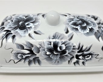 White Porcelain Butter Dish Black and White Roses Hand Painted
