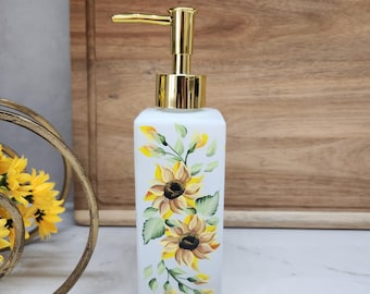 Dispenser di sapone floreale dipinto a mano: girasoli gialli con pompa color oro