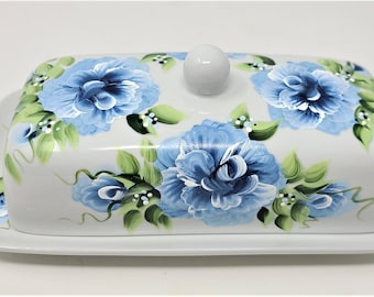 White Porcelain Butter Dish Blue Roses Hand Painted