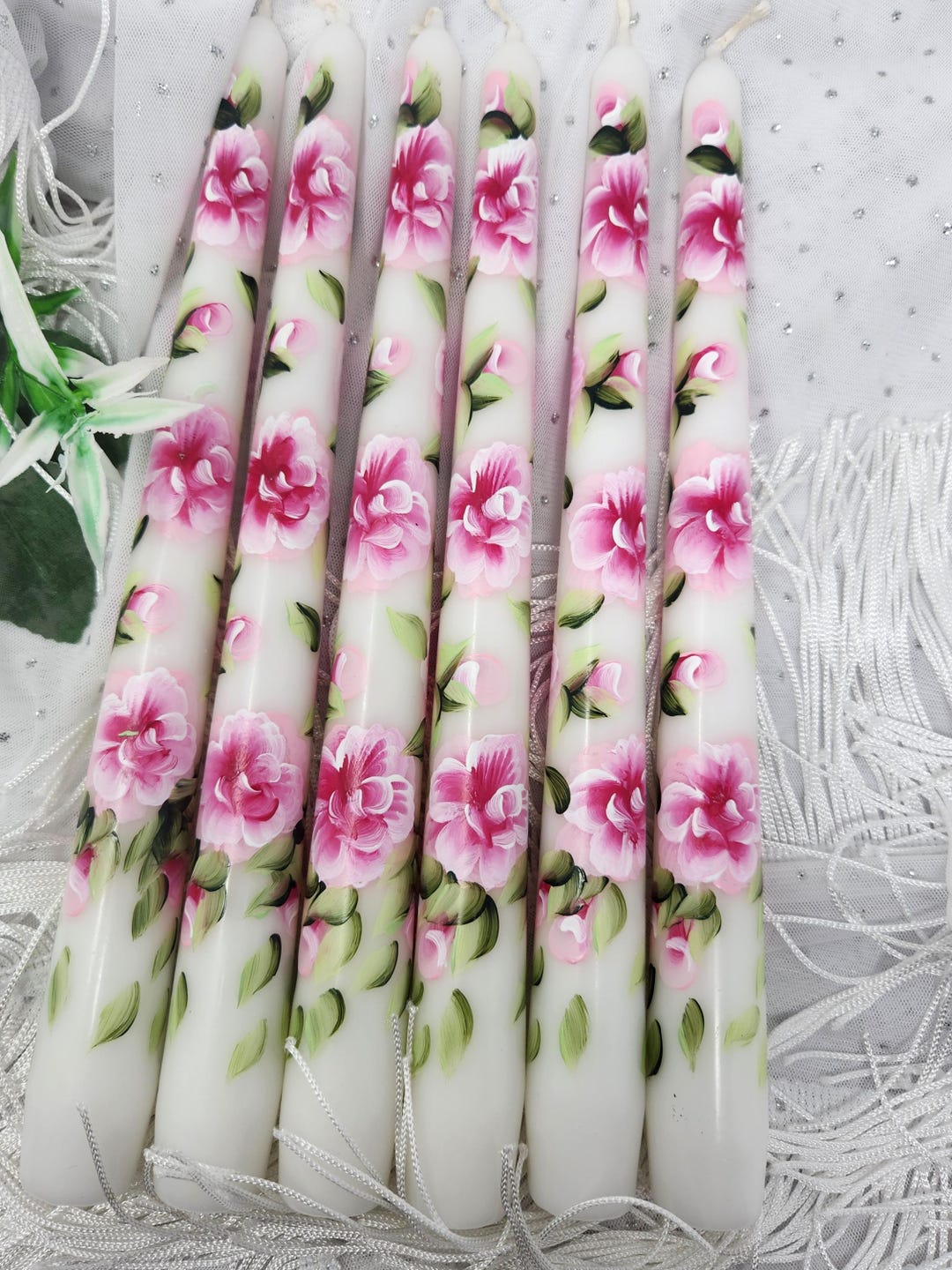 Hand Painted Pink Roses Taper Candles - Set of 2, 10" Smokeless - Etsy