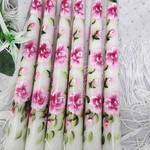 Hand Painted Pink Roses Taper Candles - Set of 2, 10&quot; Smokeless