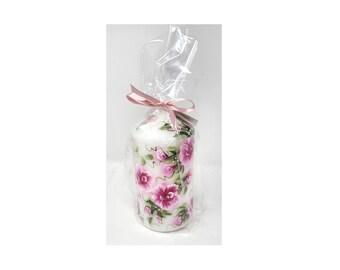 White Pillar Candle Pink Roses & Buds Hand Painted 6" Dripless