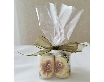 Pillar Candle Yellow Roses Hand Painted 2" Set Of 2