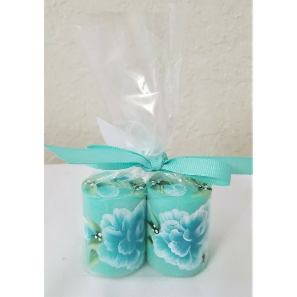 Pillar Candle Aqua Blue Roses Hand Painted 2" Set Of 2