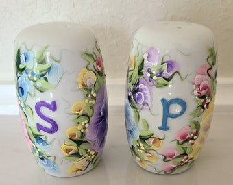 Salt and Pepper Shaker Set Pink Blue Purple Yellow Roses and Buds Hand Painted