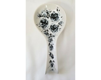 Stoneware Spoon Rest Black and White Roses & Buds Hand Painted