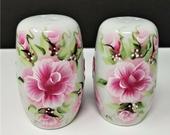 Salt and Pepper Shaker Set Pink Roses and Buds Hand Painted