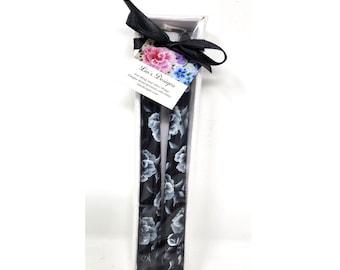 Taper Candle Black & White Roses Buds Hand Painted 10" Set Of 2