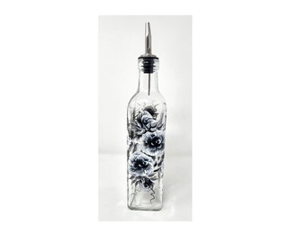 Oil Vinegar Glass Cruet Soap Bottle Black & White Roses Hand Painted