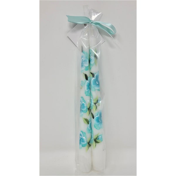 Taper Candle Aqua Blue Roses Hand Painted 10" Set Of 2 Smokeless Dripless 7 Hour + Burn