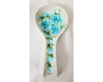 Stoneware Spoon Rest Aqua Blue Roses & Buds Hand Painted