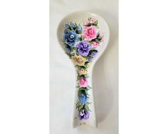 Stoneware Spoon Rest Multicolored Roses Hand Painted