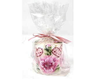 Stumpenkerze Herzen rosa Rosen & Knospen handbemalt 7,5 cm