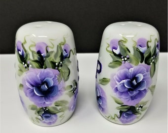 Salt and Pepper Shaker Set Purple Roses and Buds Hand Painted