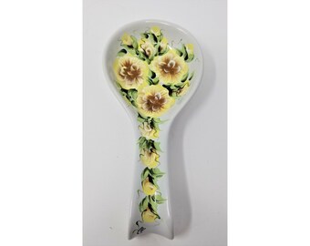 Stoneware Spoon Rest Yellow Roses & Buds Hand Painted