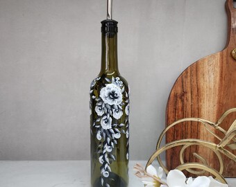 Olive Oil Vinegar Recycled Wine Bottle Cruet Black & White Roses Hand Painted