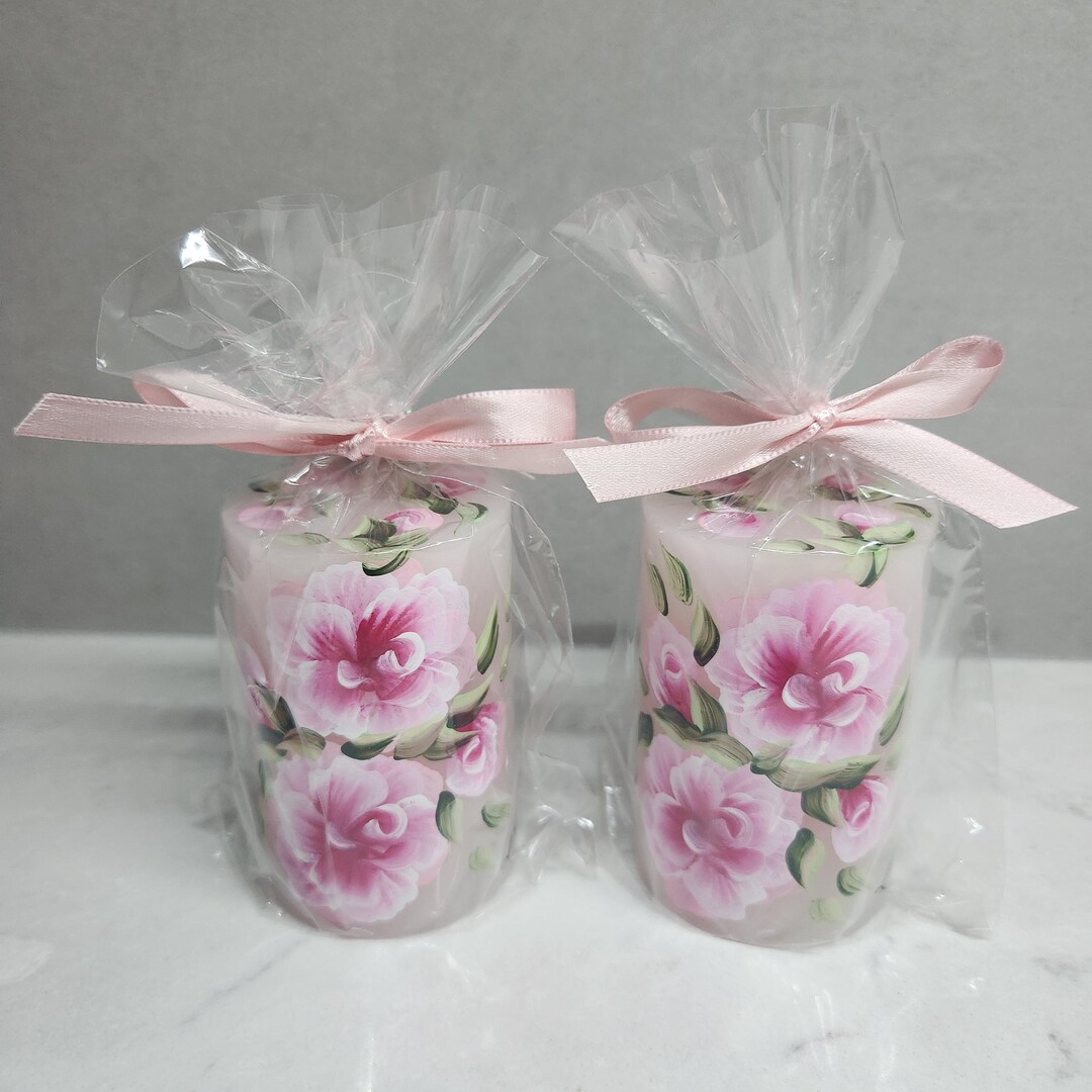 Hand Painted Pink Roses Pillar Candle: Smokeless Wedding Favor Set of 2 ...