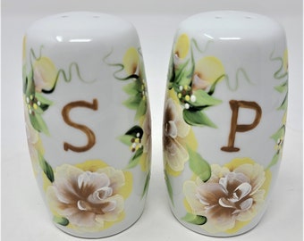 Salt and Pepper Shaker Set Yellow Roses and Buds Hand Painted